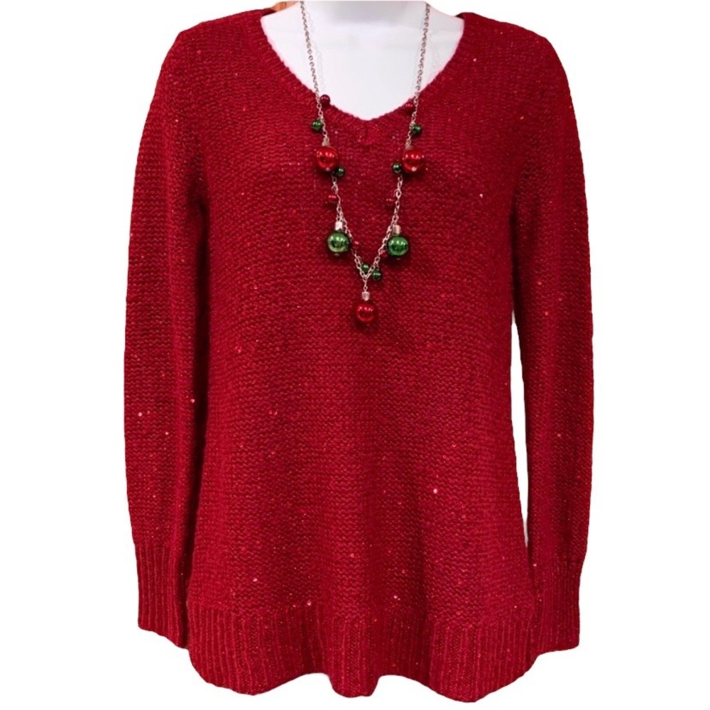 Apt. 9 V-neck Sequined Red Long Sleeve Small Sweater